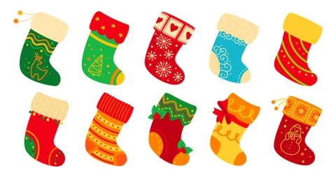 Christmas socks flat set cartoon holiday stockings Stock Illustration