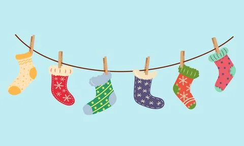 Christmas socks hanging on laundry string with clothespins. Ilustração Stock