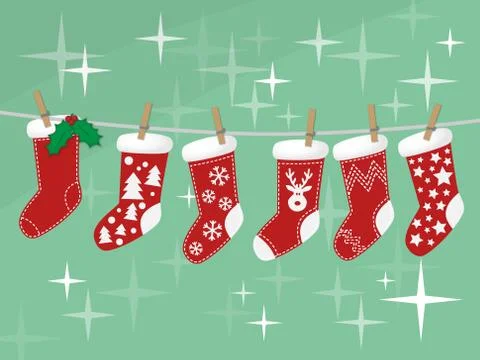 Christmas socks hanging on rope vector Illustrazione stock