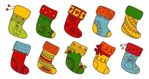 Christmas socks line set linear cartoon stockings Stock Illustration