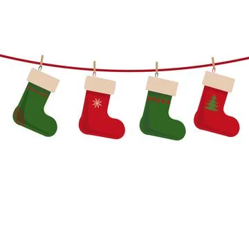 Christmas Socks vector background. Various Christmas socks hanging on a rope. Stock Illustration