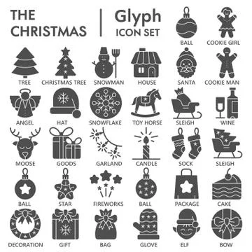 Christmas solid icon set, december holidays symbols collection or sketches. New Stock Illustration