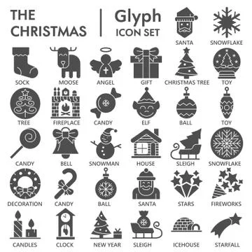 Christmas solid icon set, New Year symbols collection or sketches. Winter Stock Illustration