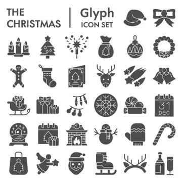 Christmas solid icon set. Winter holiday symbols collection, vector sketches Stock Illustration