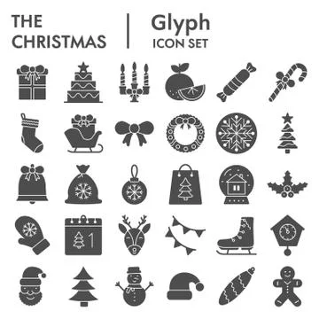 Christmas solid icon set. Winter holiday collection or sketches, symbols. New Stock Illustration