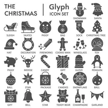 Christmas solid icon set, winter holiday symbols collection or sketches. New Stock Illustration