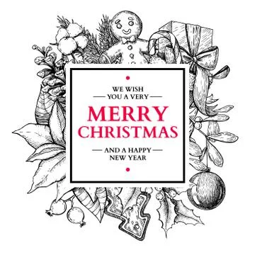 Christmas square frame. Vector hand drawn illustration with holl 스톡 일러스트