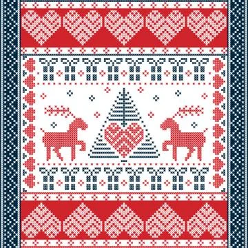 Christmas  square  pattern in cross stitch style with Xmas tree, reindeer Stock Illustration
