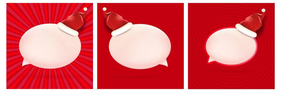 Christmas square poster set vector illustration. Santa hat on 3d speech bubble Stock Illustration