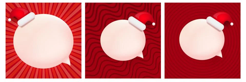 Christmas square poster set vector illustration. Santa hat on 3d speech bubble Stock Illustration