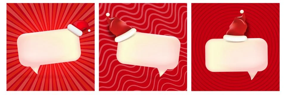 Christmas square poster set vector illustration. Santa hat on 3d speech bubble Stock Illustration