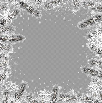 Christmas square tree branch frame on transparent background. Vector. Stock Illustration