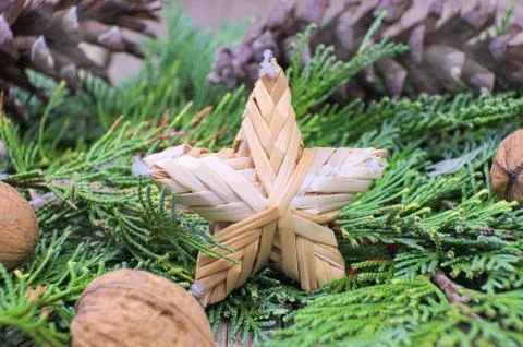 Christmas star made of straw on green pine needles with Walnuts, pinecones on Stock Photos