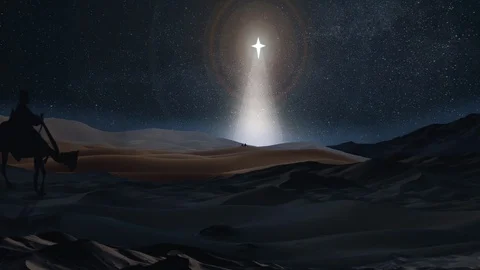 The Christmas star shines above Bethlehem in front of the travelling wise men. Stock Footage