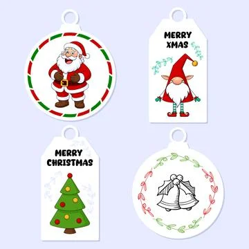 Christmas sticker set consisting of elf, xmas bell, Santa Claus. Vector 库存插图