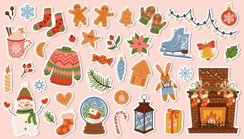 Christmas sticker set with cozy elements like fir branch, toy, cocoa, candy.. Stock Illustration