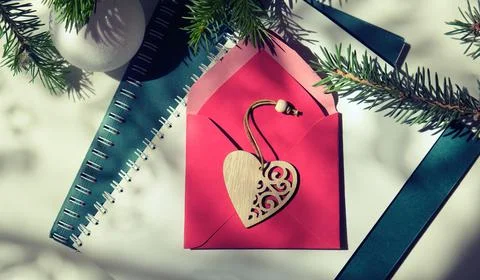 Christmas still life with branch of Christmas tree and notepads, Stock Photos