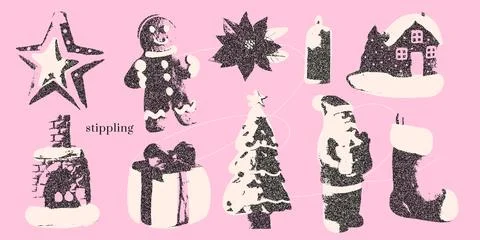 Christmas stippling elements set with gift box, xmas tree, stocking, gingerbread Illustrazione stock
