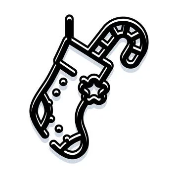 Christmas stocking and candy cane outline icon Stock Illustration