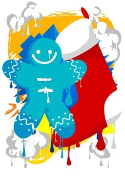 Christmas stocking and Gingerbread Man Cookie graffiti. Abstract modern str.. Stock Illustration