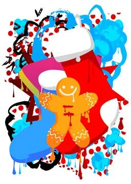 Christmas stocking and Gingerbread Man Cookie graffiti. Abstract modern str.. Stock Illustration