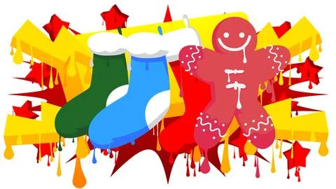 Christmas stocking and Gingerbread Man Cookie graffiti. Abstract modern str.. Stock Illustration