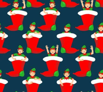 Christmas stocking and Santa Elf pattern. Little Claus helper ornament. tra.. Stock Illustration
