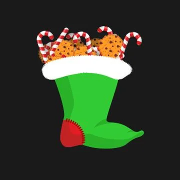 Christmas stocking with Candy cane and cookie. Christmas mint stick. tradit.. Stock Illustration