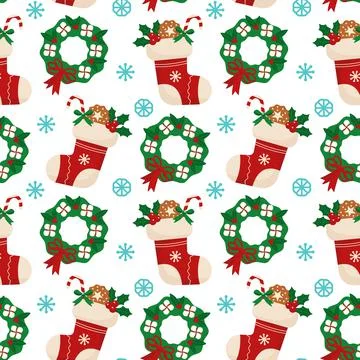Christmas stocking with candy, snowflakes and festive decorations Stock Illustration