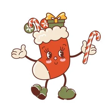 Christmas stocking, cute character dancing and laughing, . Winter clothes Stock Illustration