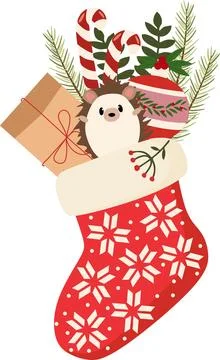 Christmas stocking with cute hedgehog, gift and festive decorations Stock Illustration