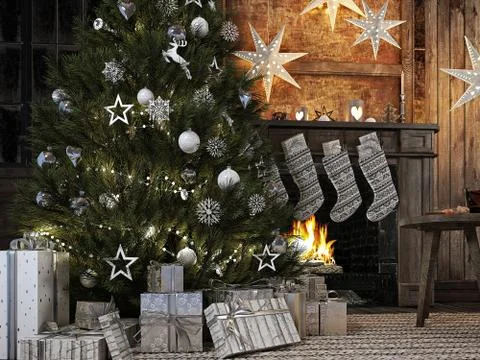 Christmas stocking on fireplace background. 3d rendering Stock Illustration