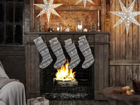 Christmas stocking on fireplace background. 3d rendering Stock Illustration