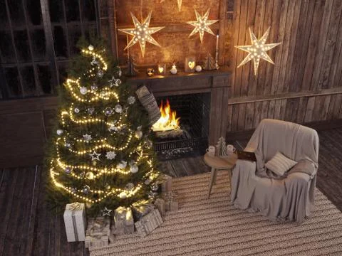 Christmas stocking on fireplace background. 3d rendering Stock Illustration