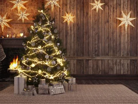 Christmas stocking on fireplace background. 3d rendering Stock Illustration