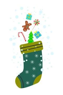 Christmas stocking isolated on white background. Festive sweets in sock. Stock Illustration