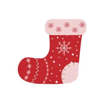 Christmas stocking in red with a pattern of snowflakes on a white background. Illustrazione stock