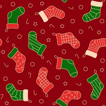 Christmas stocking seamless pattern. Christmas and holiday season background. Stock Illustration
