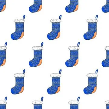 Christmas stocking seamless pattern. Decorative blue sock with white fur an. Stock Illustration