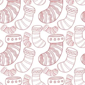 Christmas stocking seamless pattern. New year background. Red linear stocking Stock Illustration