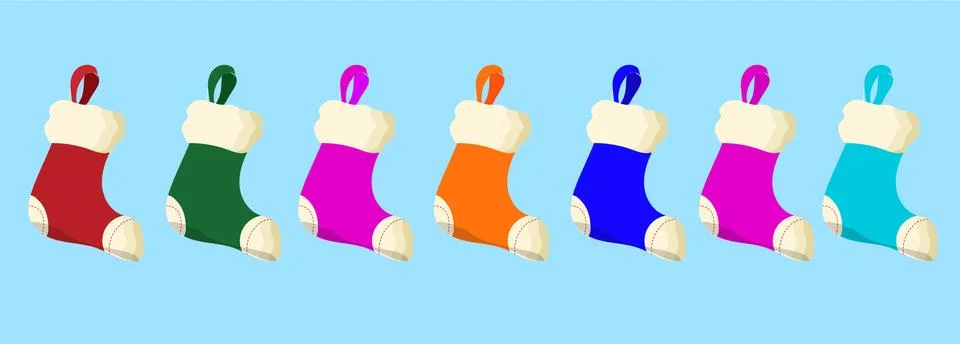 Christmas stocking set with gift place. Red, green, blue, pink, purple colors Stock Illustration