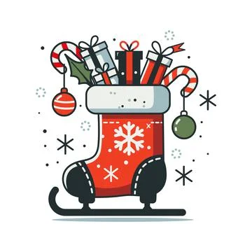 The Christmas stocking in the shape of ice skates is filled with gifts for .. Stock Illustration