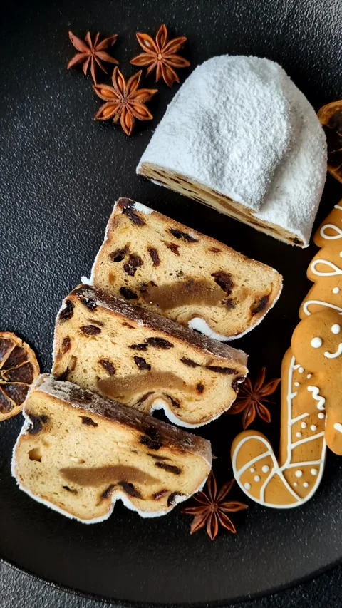 Christmas Stollen, a German sweet cake with marzipan and fruit. Winter Christmas Stock Footage 312072753