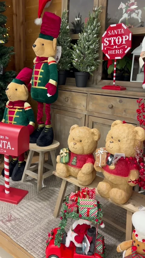 Christmas store interior with festive decorations, teddy bears, nutcracker Video stock 323755908