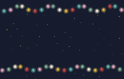 Christmas string lights border on dark navy night sky background, flat vector Stock Illustration