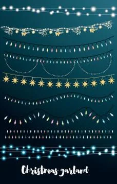 Christmas String Lights Set. New Year Neon Garland. Stock Illustration
