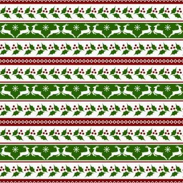 Christmas striped pattern with deers and holly Stock Illustration