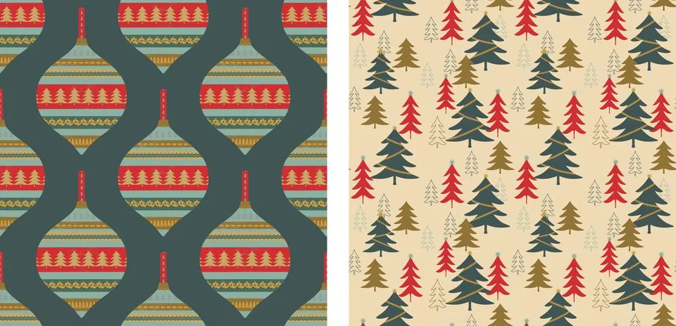 Christmas Surface Pattern Set. Baubles and Christmas Trees. Illustrazione stock