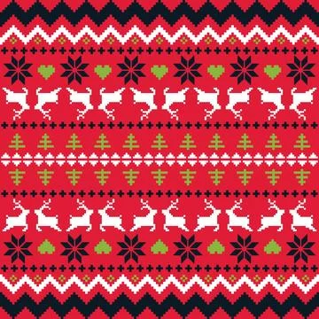 Christmas Sweater Pattern Design Seamless Pixel Art red background. Stock Illustration