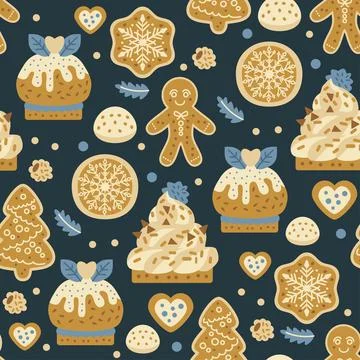 Christmas sweets pattern with gingerbread cookies. Bakery Stock Illustration